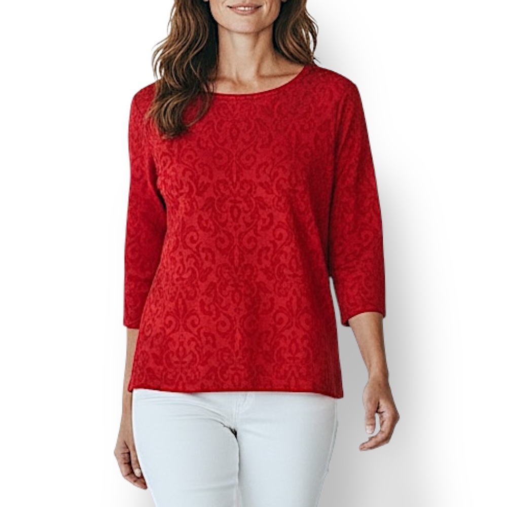 4/$20 Basic Editions Red Damask Jacquard Knit Top Medium